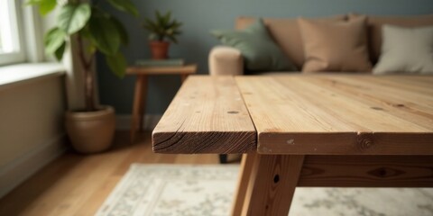 Rustic Wooden Coffee Table in a Cozy Living Room Setting with Natural Light and Greenery