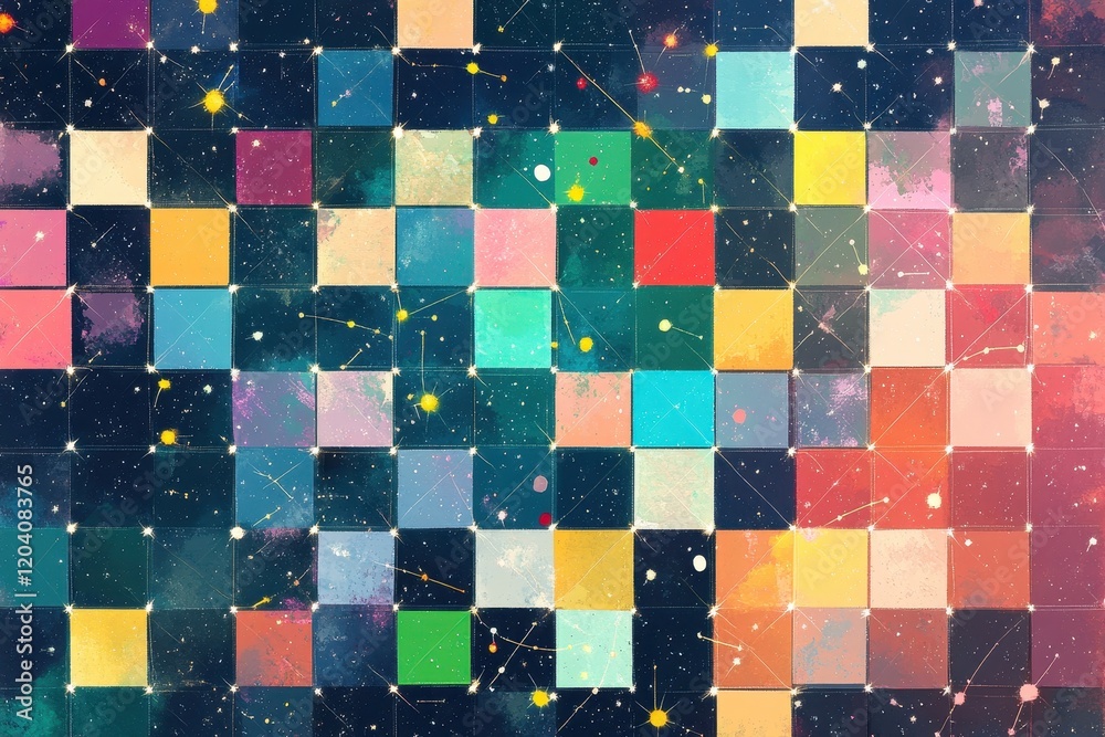 Poster a grid of colorful squares with stars and constellations. a vibrant mosaic featuring an array of col