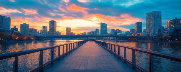 Cityscape sunset, river path, urban background, travel