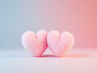 Obraz premium Two fluffy pink hearts on a soft pink background, symbolizing love and tenderness.