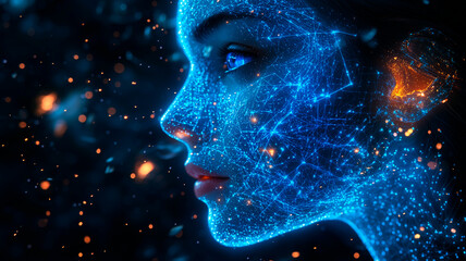 Obraz premium Hyper-Detailed Digital AI Face with Glowing Data Grid