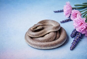 A beige snake coiled elegantly among lavender and pink flowers on a pastel backdrop.