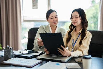 Documents, women or analyst in meeting for results, performance report or sales portfolio. Research, business or happy people with paperwork, agenda or project notes for teamwork, trends or planning