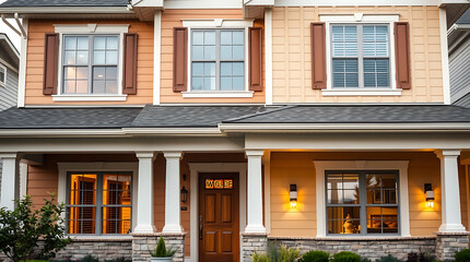 Fototapeta premium Dream house exterior at night. Beautiful home with warm lighting, inviting porch, and classic architecture. Perfect for real estate listings and home design inspiration.