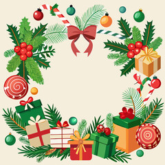 A festive Christmas border with ornaments, gifts, candy canes, pinecones, and greenery on a transparent background