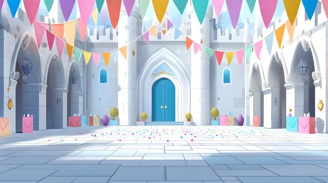 Colorful festive scene with castle courtyard, decorative banners, balloons, and vibrant flowers on the floor