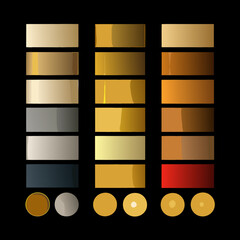 A collection of gold, silver, and bronze gradient swatches on a black background