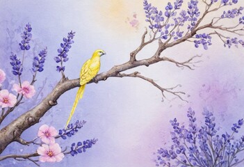 A blue and yellow bird perched on a flowering branch with soft watercolor hues.
