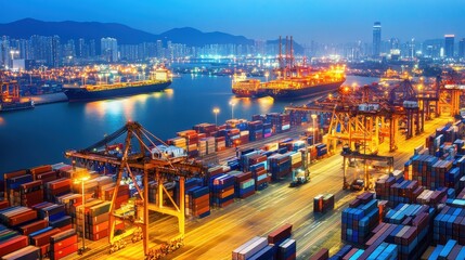 Naklejka premium Aerial night view of a busy container port, vibrant lights, nighttime freight