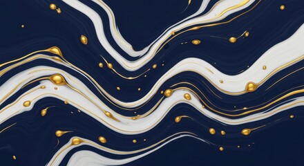 A dynamic 3D illustration of swirling liquid textures in rich navy blue, white and metallic gold