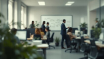 Fototapeta premium Blurred image of a modern office setting with employees working at their desks and a presentation in progress