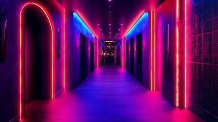 Neon-lit hallway, vibrant colors, nightlife, interior design, club atmosphere