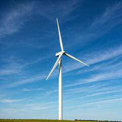 Fototapeta premium wind turbine against blue sky. Low angle of wind turbine against bright blue sky. Renewable or green energy concept. landscape of windmill with sunlight and almost clear sky.