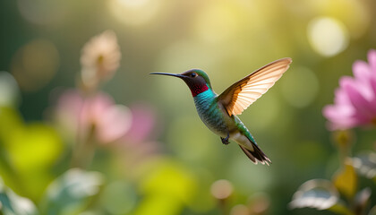 Fototapeta premium A stunning hummingbird hovers gracefully in a sunlit garden, displaying vibrant feathers. The serene background enhances the beauty of this delicate bird captured mid-flight.
