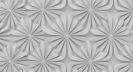 A clean and minimalist 3D illustration featuring a repeating pattern of white layered petals forming floral shapes