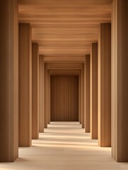 Fototapeta premium Symmetrical wooden hallway with columns creating a serene and peaceful architectural design, emphasizing lines and natural textures.