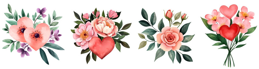 A collection of floral arrangements featuring pink roses, hearts, and greenery, creating a romantic and vibrant display.