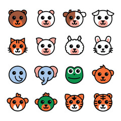 Vector illustration of stylized animal faces, a bear, cow, dog, pig, sheep, rabbit, cat, elephant, owl, frog, monkey, chicken and tiger