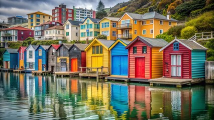 Obraz premium Vibrant Wellington Boathouses: Colorful Waterfront Scene, New Zealand