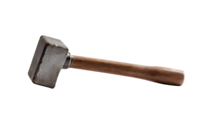 Close-up of a metal sledgehammer with a wooden handle.