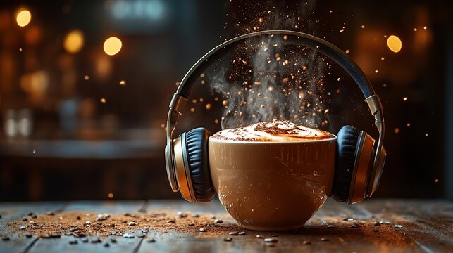 Coffee cup with headphones, cafe background, steaming drink, relaxation