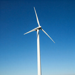 wind turbine against blue sky. Low angle of wind turbine against bright blue sky. Renewable or green energy concept. landscape of windmill with sunlight and almost clear sky.