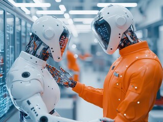 Naklejka premium Engineers programming AIenabled robotic arms for precision manufacturing