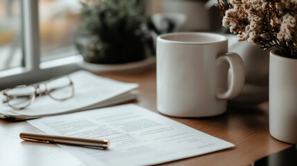Office desk, paperwork, coffee, reading glasses, plants