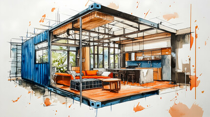 Watercolor sketch of a shipping container home interior
