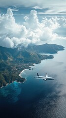 Fototapeta premium Aerial view of airplane soaring over stunning coastal landscape tropical destination travel ethereal vibes