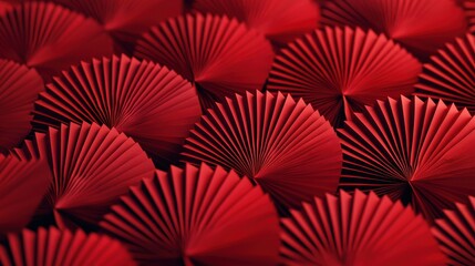 Vibrant red fan decorations for chinese new year festival cultural celebration organic textures festive atmosphere close-up view
