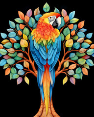 Fototapeta premium Petfluencer, pet idol, technological development and innovation, Vibrant parrot perched on colorful tree with vivid leaves and branches