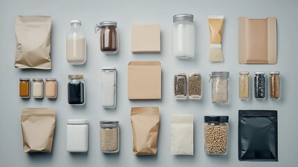 A flat lay of various unbranded packaging types, including jars, pouches, and boxes, arranged symmetrically.