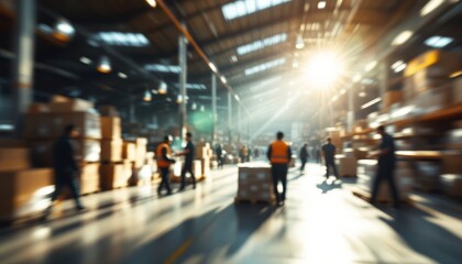 Blurred Warehouse Scene with Workers and Sunlight Streaming Through Roof Windows