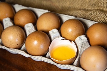 box of first grade chicken eggs.  Macro photo with space for advertising text
