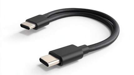Black USB-C cable on white background, coiled, studio shot, data transfer
