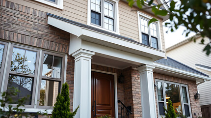 Obraz premium Elegant Brick Home Exterior: Modern Architecture and Classic Design. Discover the beauty of this stunning house with its charming entrance and meticulous details.