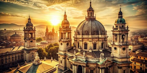 Fototapeta premium Vintage Basilica Architecture: Sun-Drenched Stone & Majestic Domes