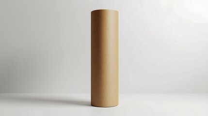 A tall, slim cardboard tube packaging with a natural texture, standing upright on a white surface.