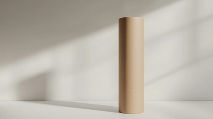 A tall, slim cardboard tube packaging with a natural texture, standing upright on a white surface.