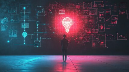 Back view, The teacher stands in front of the blackboard., with a bright light bulb above, surrounded by digital and technological symbols icons animation Triadic Color Scheme 