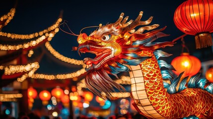 Fototapeta premium Vibrant Dragon Lanterns Illuminate Parade During Chinese New Year Festivities