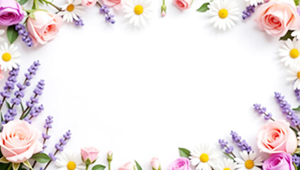 Obraz premium International Women's Day background design with elegant floral frame of pink roses and lavender blossoms on a soft pastel backdrop for festive celebration posters or cards
