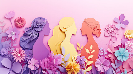 International Women's Day background design featuring artistic paper silhouettes of women surrounded by vibrant floral decor, ideal for celebration posters or digital designs