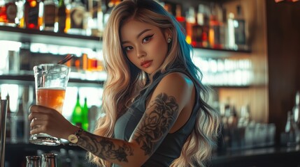 Bartender serving a craft beer with style at a bar in the evening