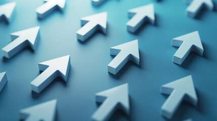 Many arrows pointing in different directions with one arrow showing main direction over blue background, solution, strategy, plan or success concept