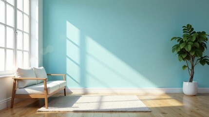 Serene Minimalist Living Room Interior Design with Sunlight Streaming Through Window, Light Colored Sofa, and Plant in Pot