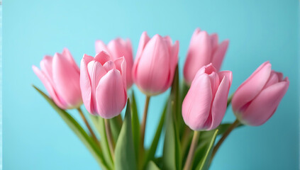 Naklejka premium International Women's Day background design with pink tulips on a pastel blue backdrop, symbolizing elegance and renewal for floral-themed celebration posters or cards