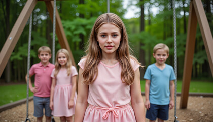 Worried 7-year-old girl with brown hair standing near swing set in schoolyard