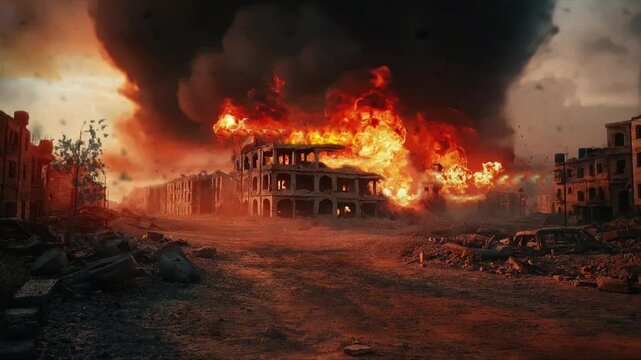 Destroyed modern city buildings in ruin view, war concept, apocalyptic landscape motion animation background